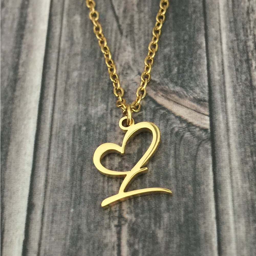 Letter L Cursive Heart Initial Necklace - Picture 2 of 3